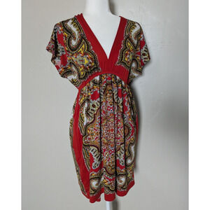 Bailey Blue Dress Women Small Red Paisley Deep V Neck Tunic Stretchy Cap Sleeve‎